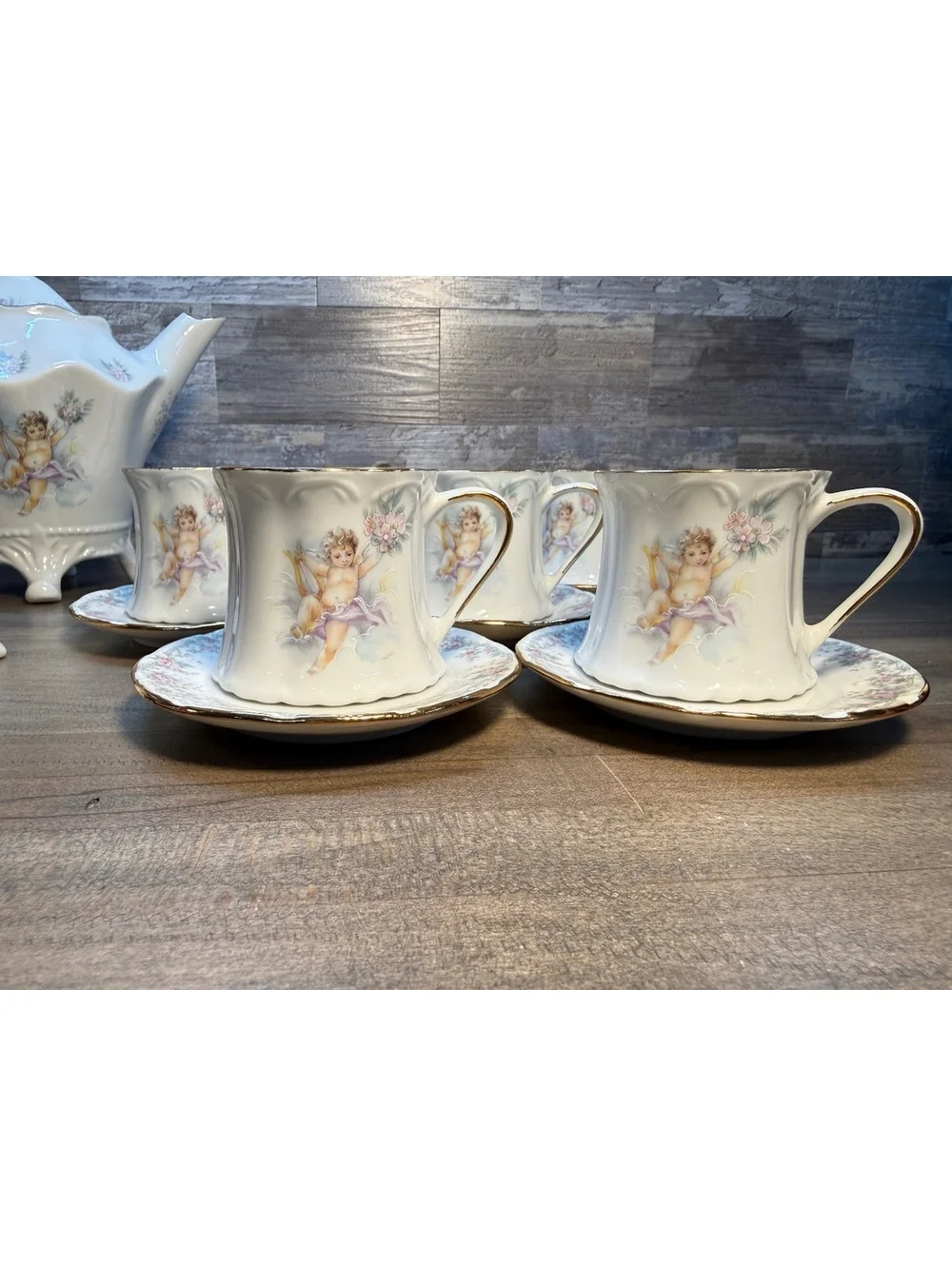Touch of Cajun Cherub Floral Tea Set 6 Cups Saucers Teapot Sugar Bowl Creamer